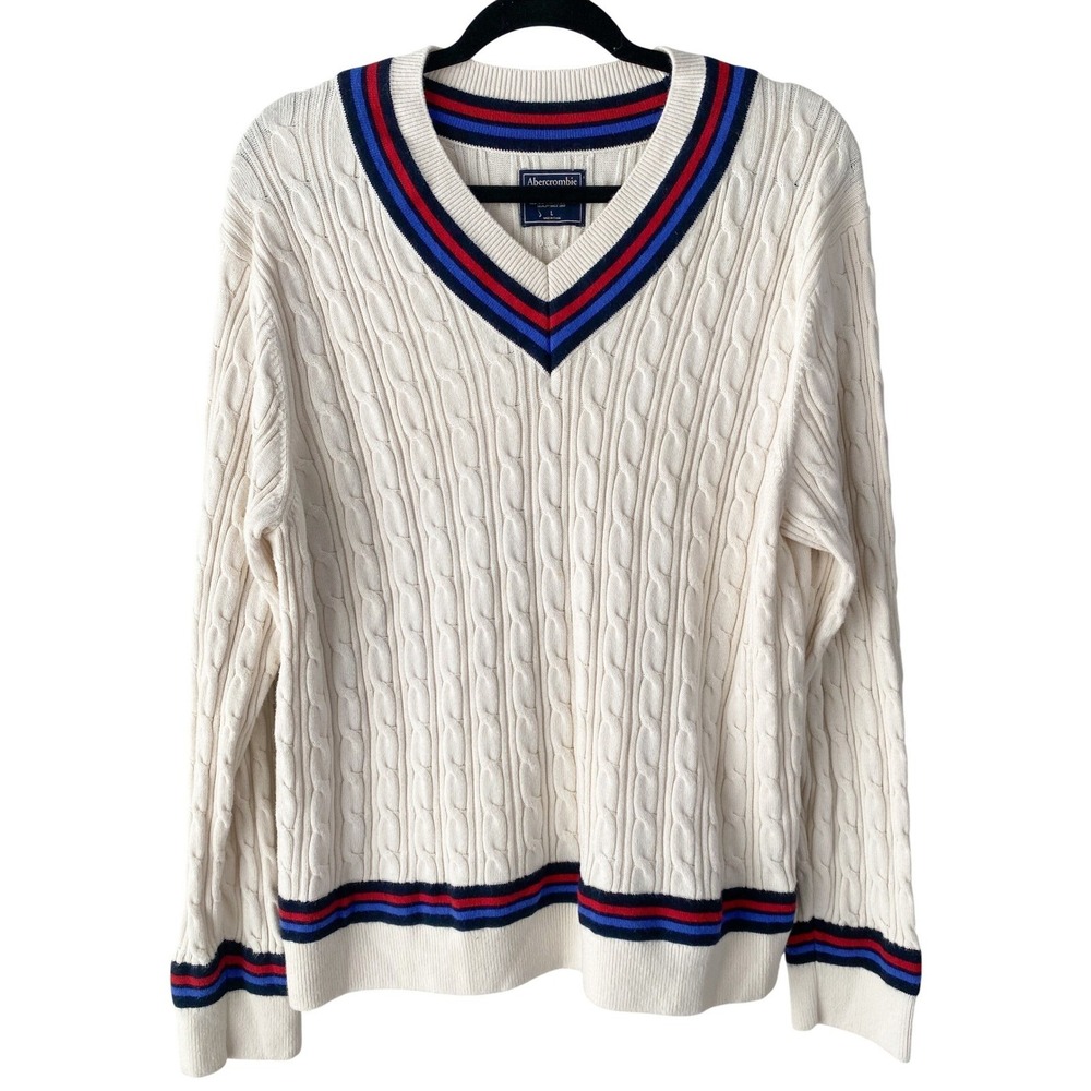 VTG Abercrombie & Fitch Mens Cricket Cable Knit Sweater L Ivory Wool Y2K Varsity